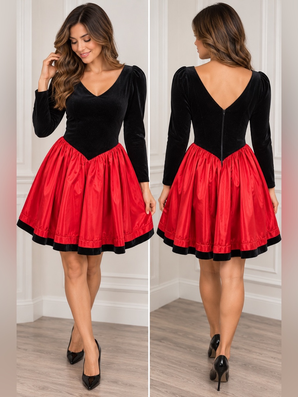 Laura Ashley Vintage Black Velvet and Red Taffeta Formal Party Dress
Size 10